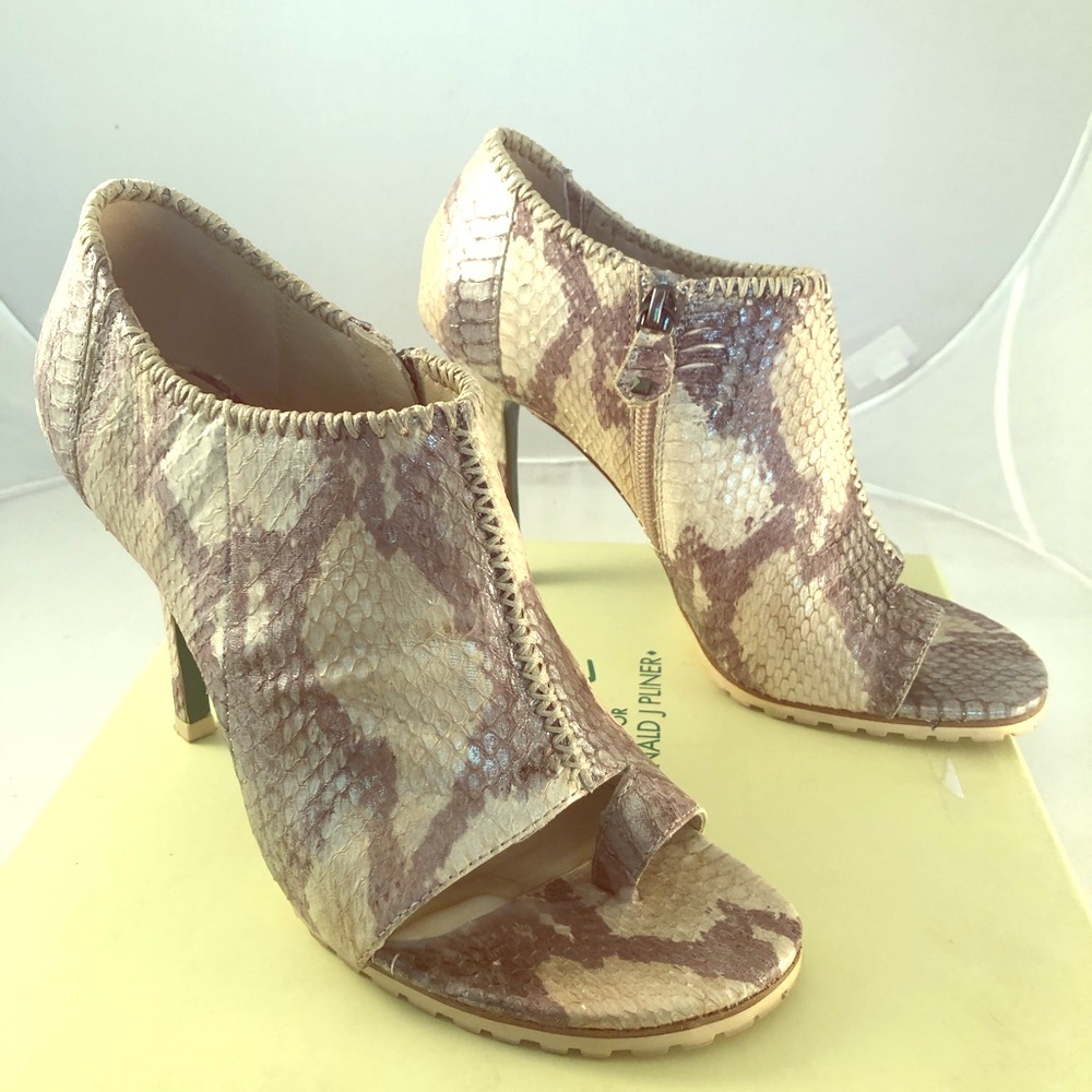 Leather snake print open toed booties
